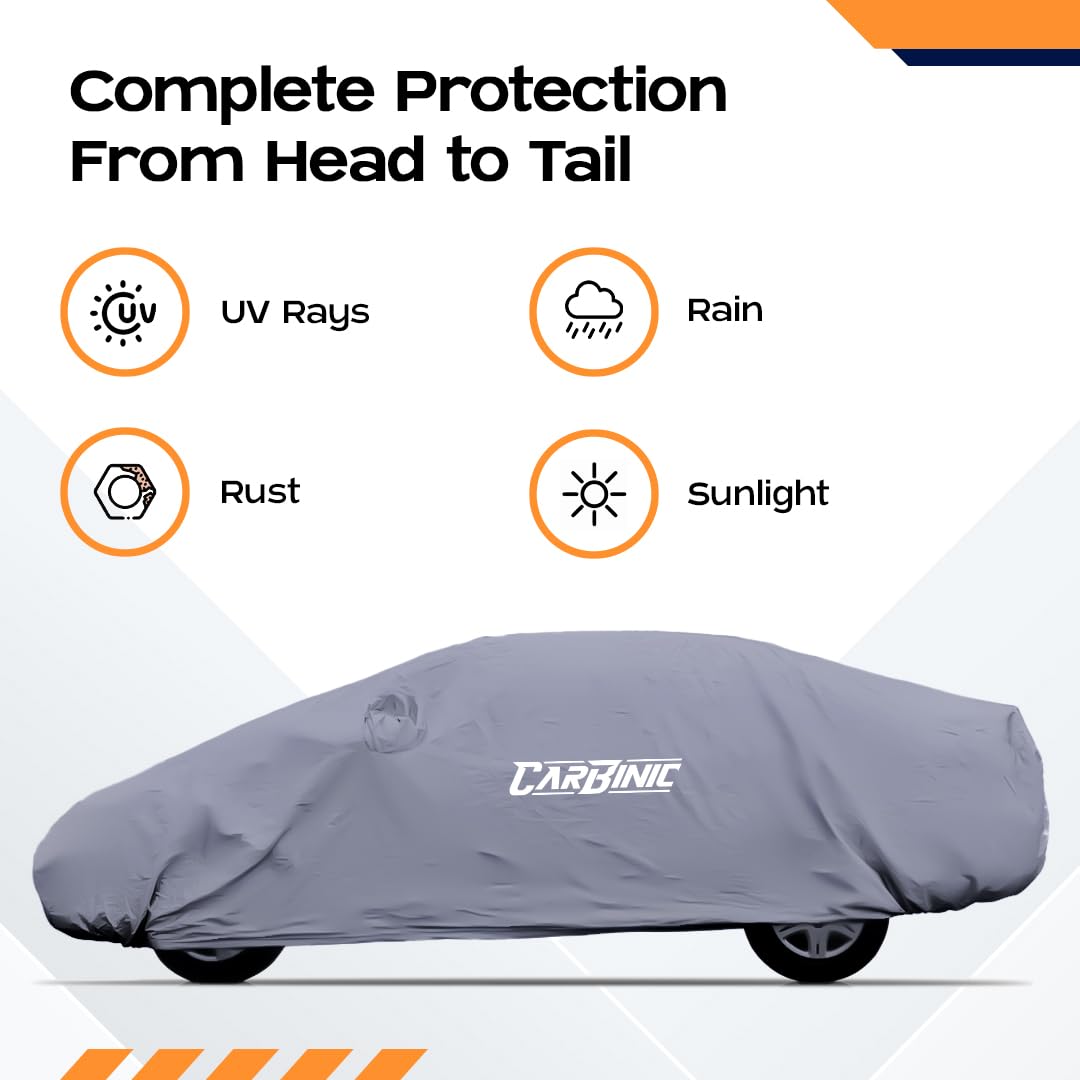 CARBINIC Car Body Cover for Renault Kwid 2019 | Water Resistant, UV Protection Car Cover | Scratchproof Body Shield | Dustproof All-Weather Cover | Mirror Pocket & Antenna | Car Accessories, Grey