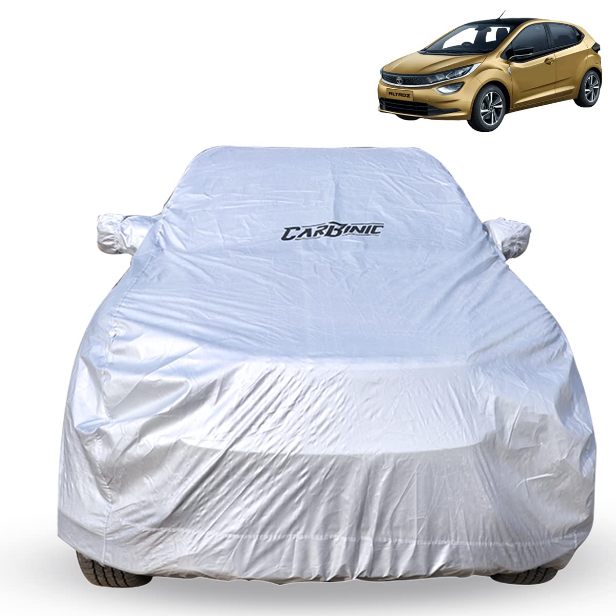 CARBINIC Car Body Cover for Tata Altroz 2020 | Water Resistant, UV Protection Car Cover | Scratchproof Body Shield | Dustproof All-Weather Cover | Mirror Pocket & Antenna | Car Accessories, Silver