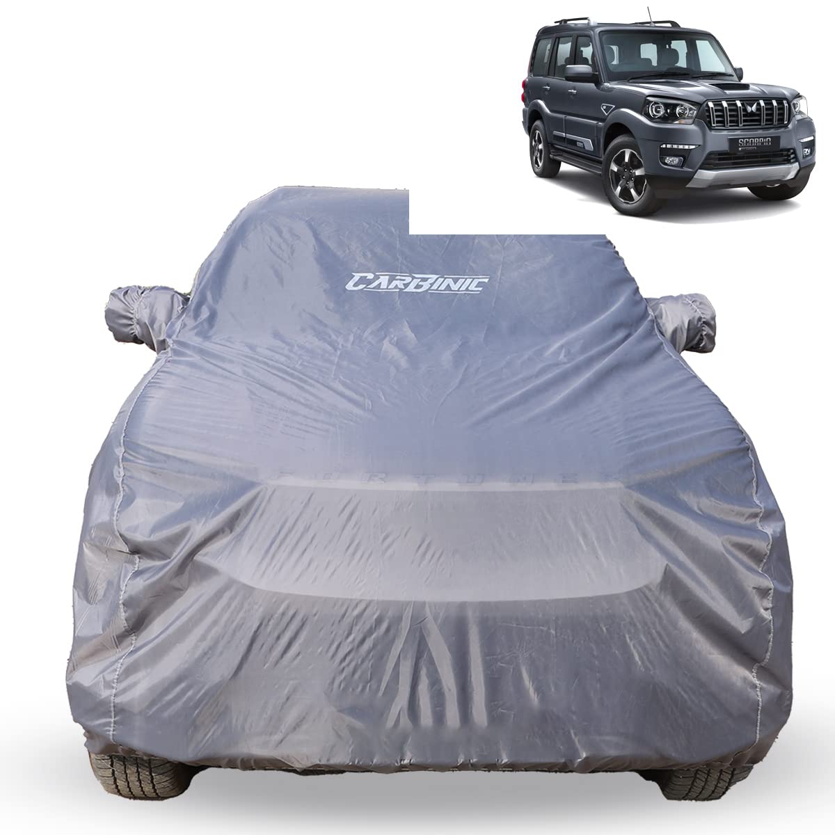 CARBINIC Car Cover for Mahindra Scorpio N 2022 Water Resistant (Tested) & Dustproof Custom Fit UV Heat Resistant Outdoor Protection with Triple Stitched Fully Elastic Surface (Grey)