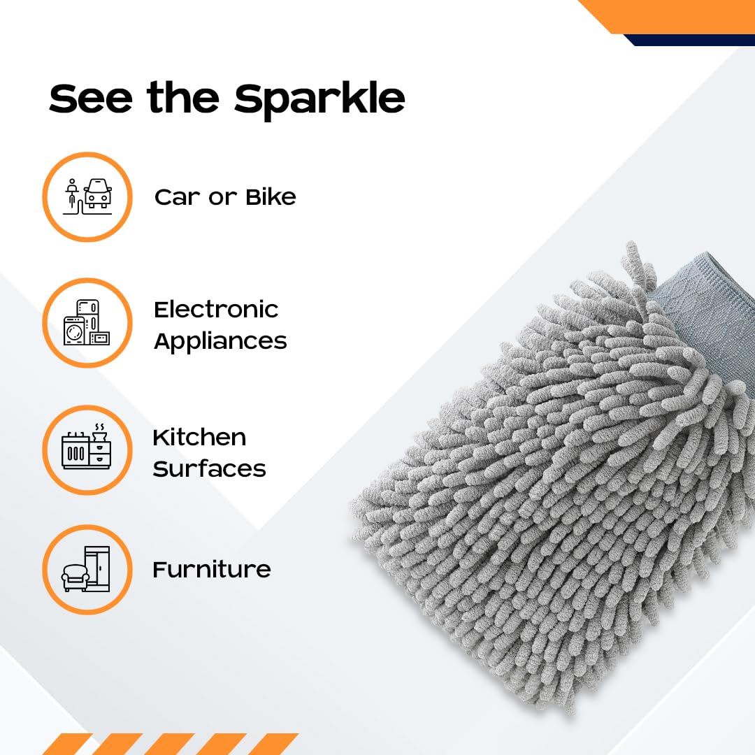 UMAI Microfiber Double-Sided Chenille Wash Mitt 1000 GSM - Super Soft, Ultra-Absorbent, Multipurpose and Double Sided Dusting Gloves for Home Cleaning | Car Cleaning, Windows and Kitchen (Grey)