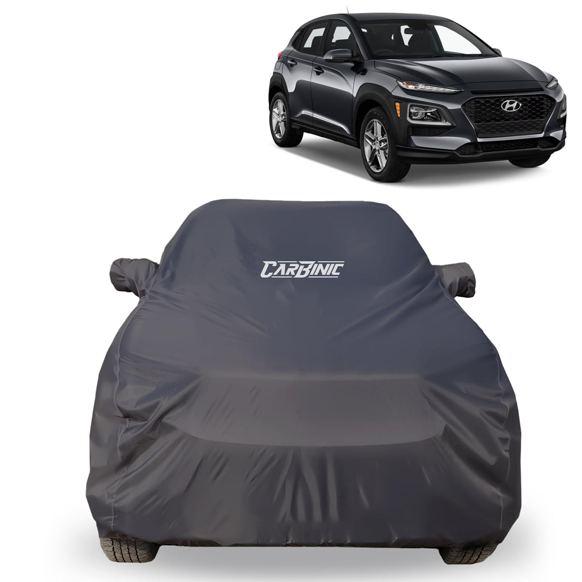 CARBINIC Car Body Cover for Hyundai Kona 2020 | Water Resistant, UV Protection Car Cover | Scratchproof Body Shield | Dustproof All-Weather Cover | Mirror Pocket & Antenna | Car Accessories, Grey