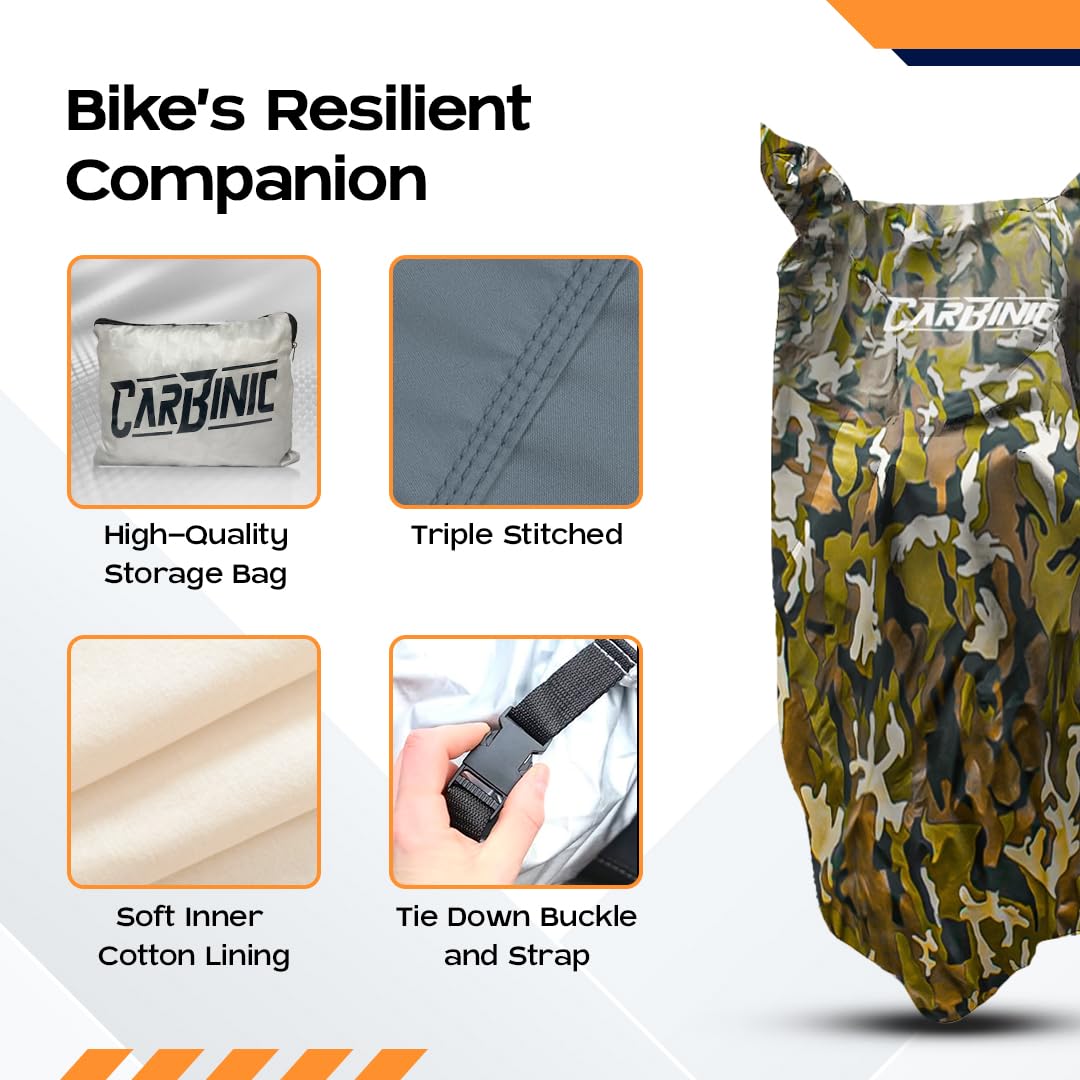 CARBINIC Waterproof Bike Cover | Enfield Classic Kawaski Ninja KTM Suzuki Benelli | Bullet Two Wheeler Bike Cover | Dustproof Bike Accessories | UV Proof Scratchproof with Mirror Pocket | Jungle