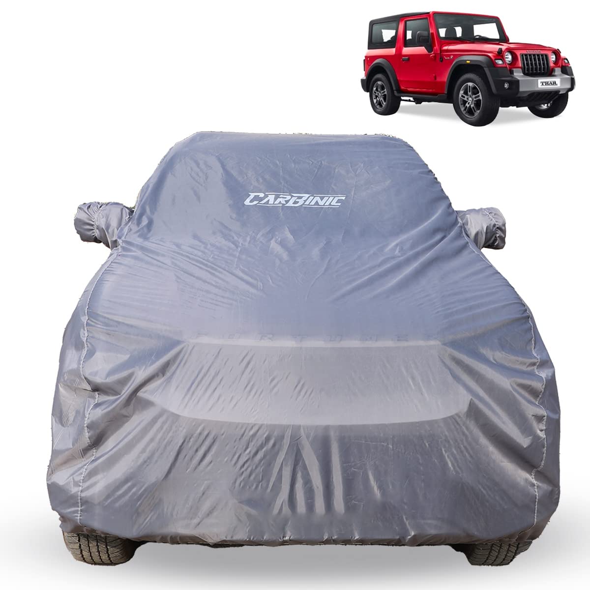 CARBINIC Car Body Cover for Mahindra Thar 2020 | Water Resistant, UV Protection Car Cover | Scratchproof Body Shield | Dustproof All-Weather Cover | Mirror Pocket & Antenna | Car Accessories, Grey