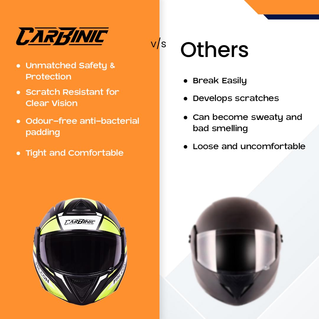 CARBINIC Falcon Series Full Face Flip-up Helmet for Men & Women | ISI Certified | Clear & Scratch Resistant Visor | Lightweight & Stylish | Medium | Neon Graphic