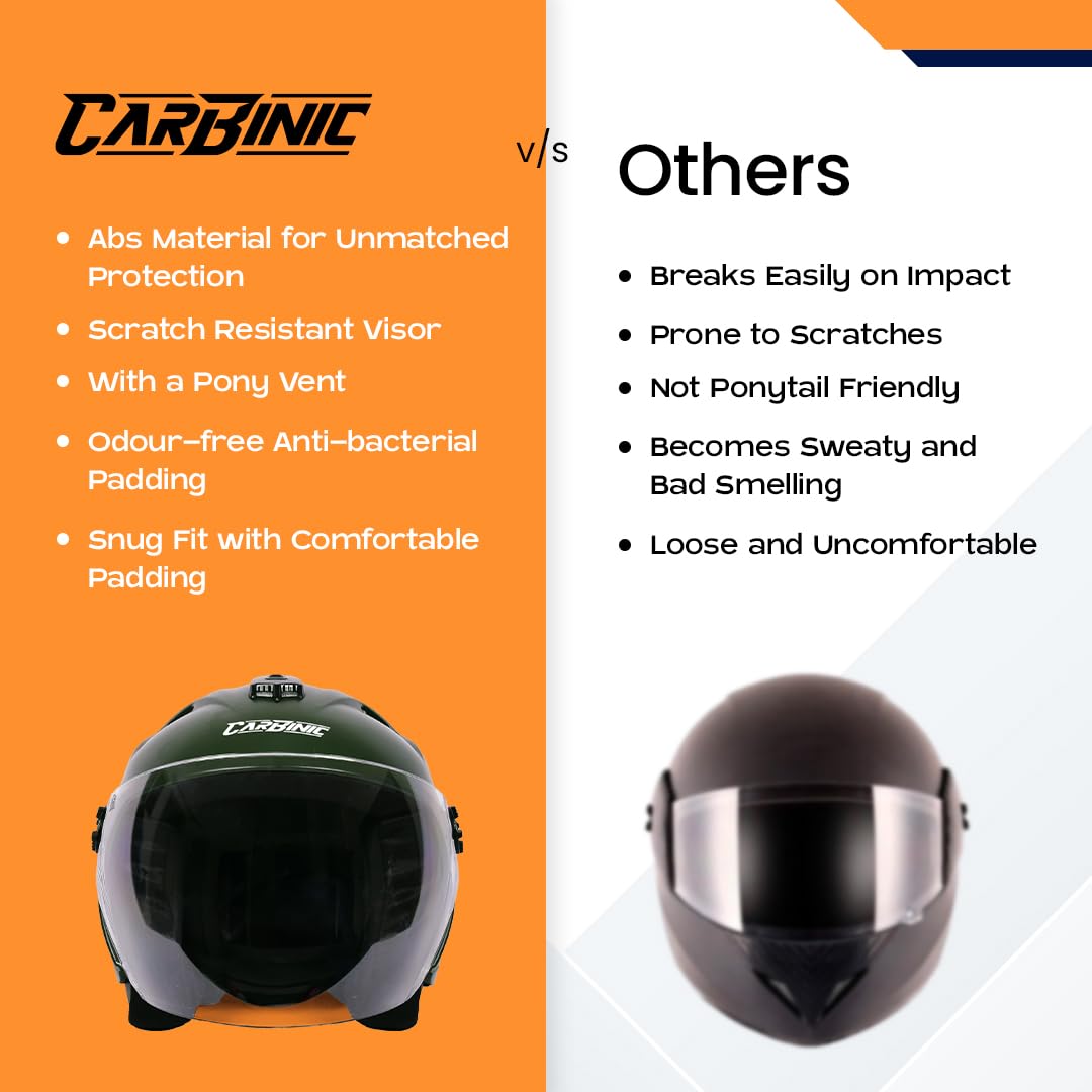 CARBINIC Dame Series Half Face Helmet for Women | ISI Certified | Clear & Scratch Resistant Visor | Lightweight & Stylish | Medium | Matt Green