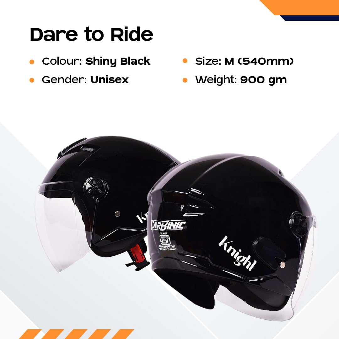 CARBINIC Knight Series Half Face Helmet for Men & Women | ISI Certified | Clear & Scratch Resistant Visor | Lightweight & Stylish | Medium | Glossy Black