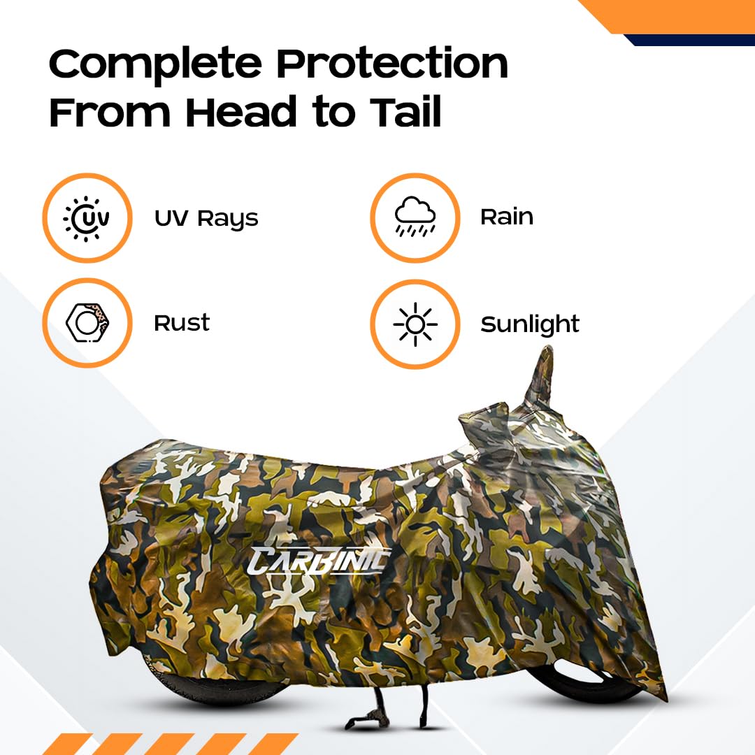 CARBINIC Waterproof Bike Cover | Enfield Classic Kawaski Ninja KTM Suzuki Benelli | Bullet Two Wheeler Bike Cover | Dustproof Bike Accessories | UV Proof Scratchproof with Mirror Pocket | Jungle