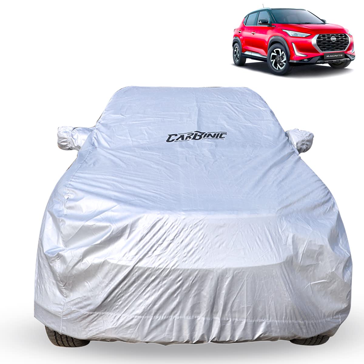 CARBINIC Car Cover for Nissan Magnite 2022 Waterproof (Tested) and Dustproof Custom Fit UV Heat Resistant Outdoor Protection with Triple Stitched Fully Elastic Surface | Jungle with Pockets (Silver)