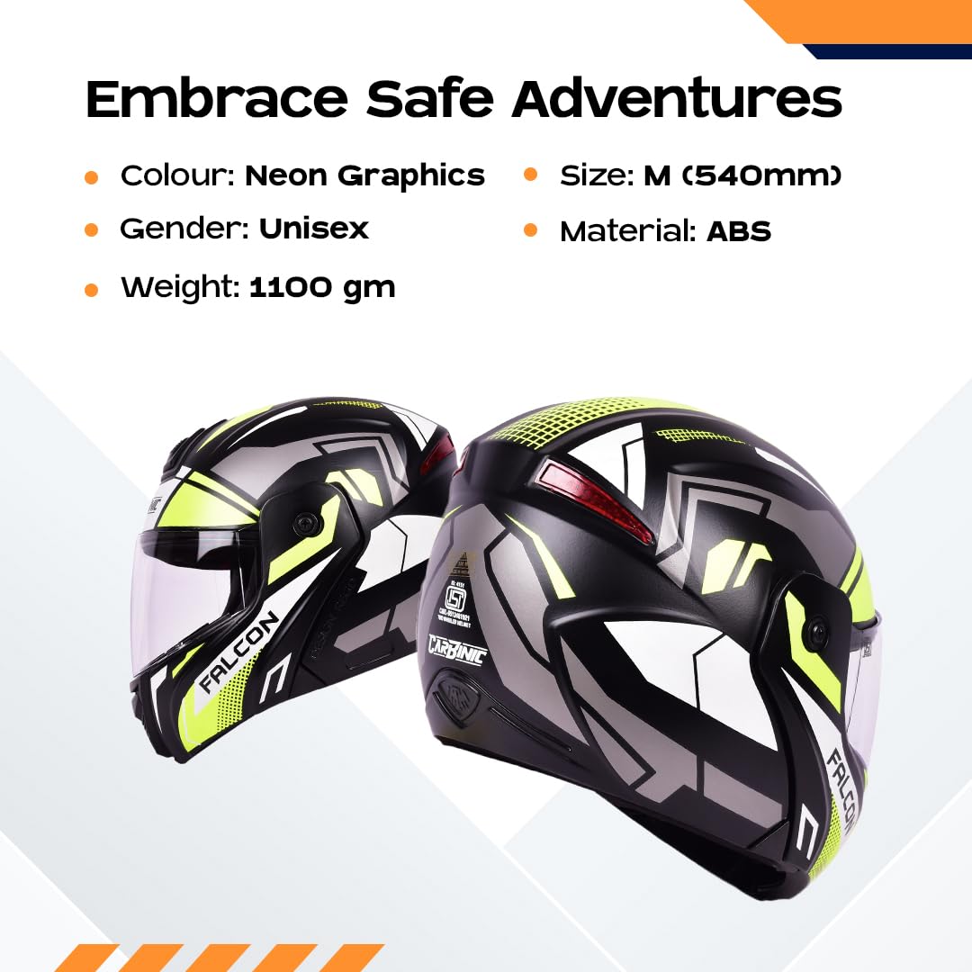 CARBINIC Falcon Series Full Face Flip-up Helmet for Men & Women | ISI Certified | Clear & Scratch Resistant Visor | Lightweight & Stylish | Medium | Neon Graphic