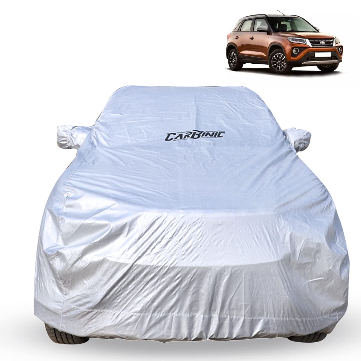 CARBINIC Car Body Cover for Toyota Urban Cruiser 2022 | Water Resistant, UV Protection Car Cover | Scratchproof Body Shield | Dustproof All-Weather | Mirror Pocket & Antenna | Car Accessories, Silver