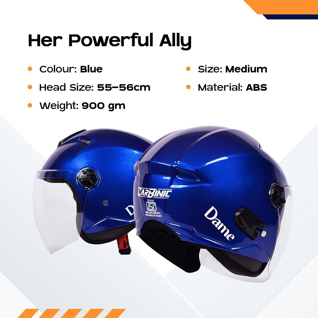 CARBINIC Dame Series Half Face Helmet for Women | ISI Certified | Clear & Scratch Resistant Visor | Lightweight & Stylish | Medium | Navy Blue