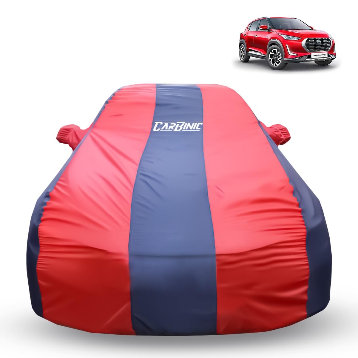 CARBINIC Car Cover for Nissan Magnite 2022 Water Resistant (Tested) and Dustproof Custom Fit UV Heat Resistant Outdoor Protection with Triple Stitched Fully Elastic Surface (Blue & Red)