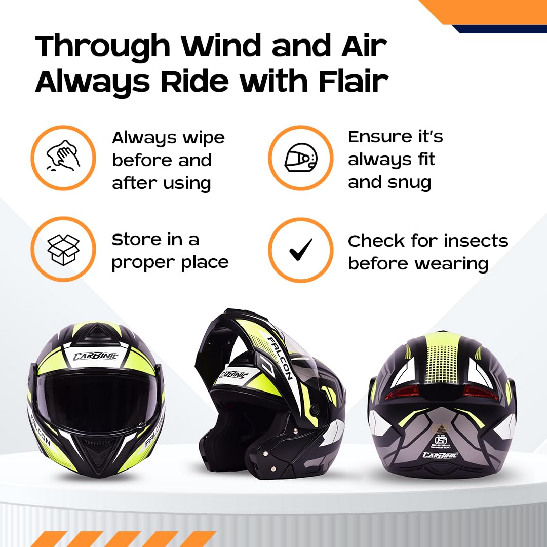 CARBINIC Falcon Series Full Face Flip-up Helmet for Men & Women | ISI Certified | Clear & Scratch Resistant Visor | Lightweight & Stylish | Medium | Neon Graphic