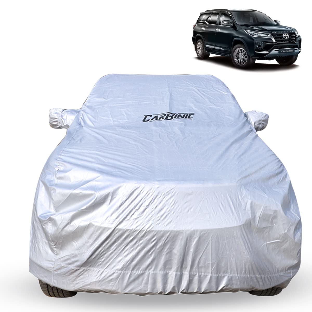 CARBINIC Car Body Cover for Toyota Fortuner 2022 | Water Resistant, UV Protection Car Cover | Scratchproof Body Shield | Dustproof All-Weather Cover | Mirror Pocket & Antenna | Car Accessories, Silver