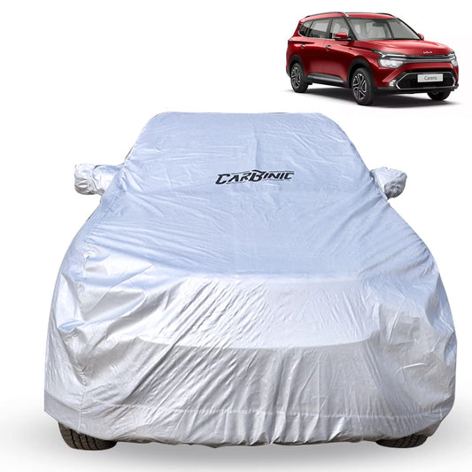 CARBINIC Waterproof Car Body Cover for KIA Carens 2022 | Dustproof, UV Proof Car Cover | Carens Car Accessories | Mirror Pockets & Antenna Triple Stitched | Double Layered Soft Cotton Lining, Silver