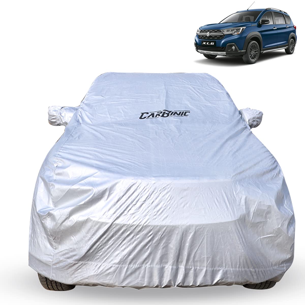 CARBINIC Car Body Cover for Maruti Suzuki XL6 2019 | Water Resistant, UV Protection Car Cover | Scratchproof Body Shield | Dustproof All-Weather | Mirror Pocket & Antenna | Car Accessories, Silver