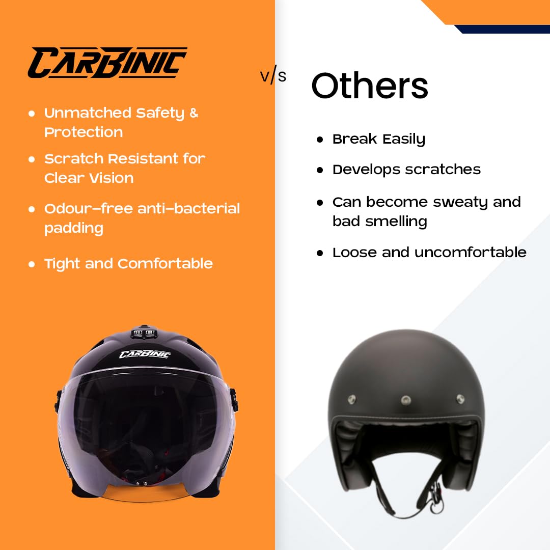 CARBINIC Knight Series Half Face Helmet for Men & Women | ISI Certified | Clear & Scratch Resistant Visor | Lightweight & Stylish | Medium | Glossy Black