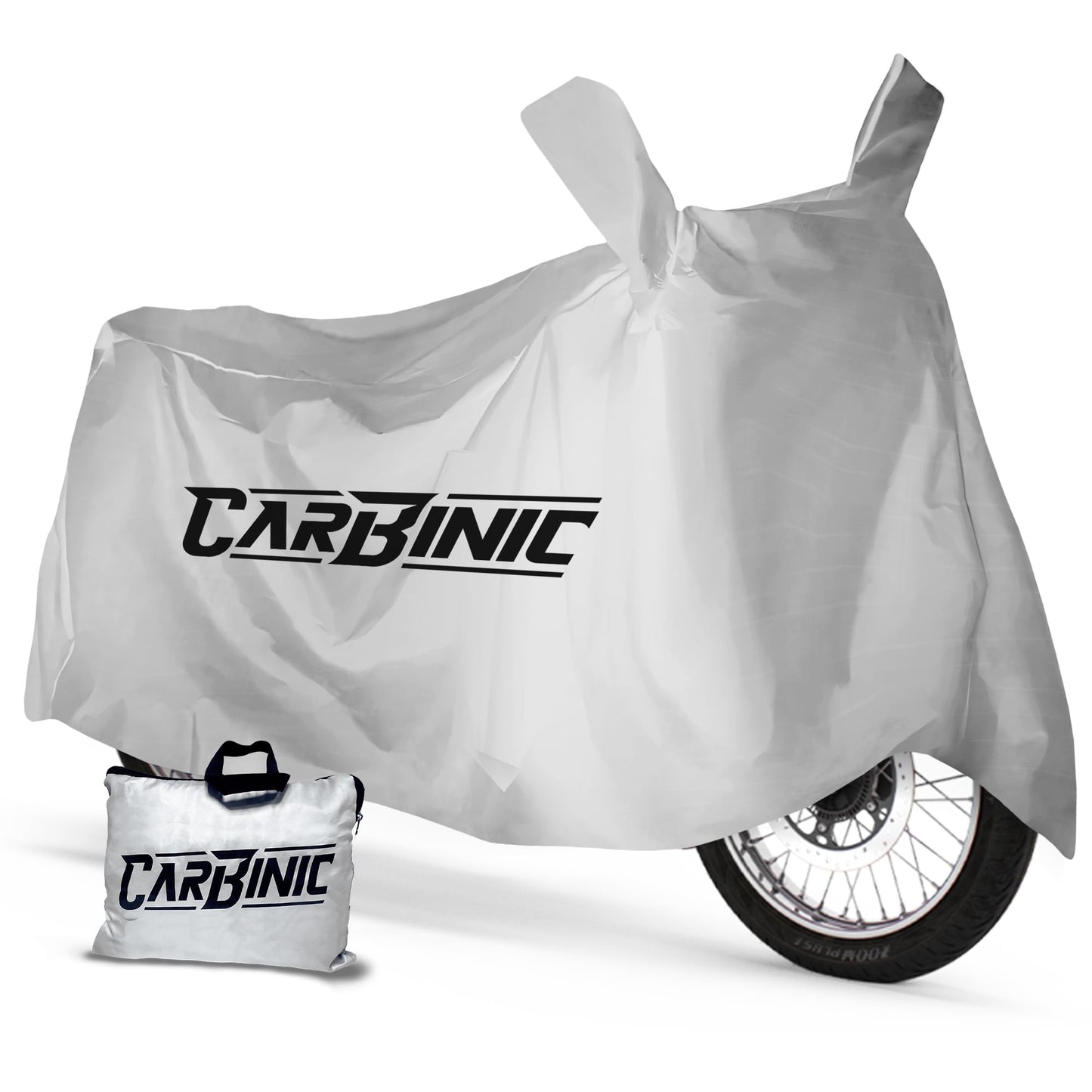 CARBINIC Water Resistant Bike Cover | Enfield Classic Kawaski Ninja KTM Suzuki Benelli | Two Wheeler Bike Cover | Dustproof Bike Accessories | UV Proof Scratchproof & Mirror Pocket | Silver