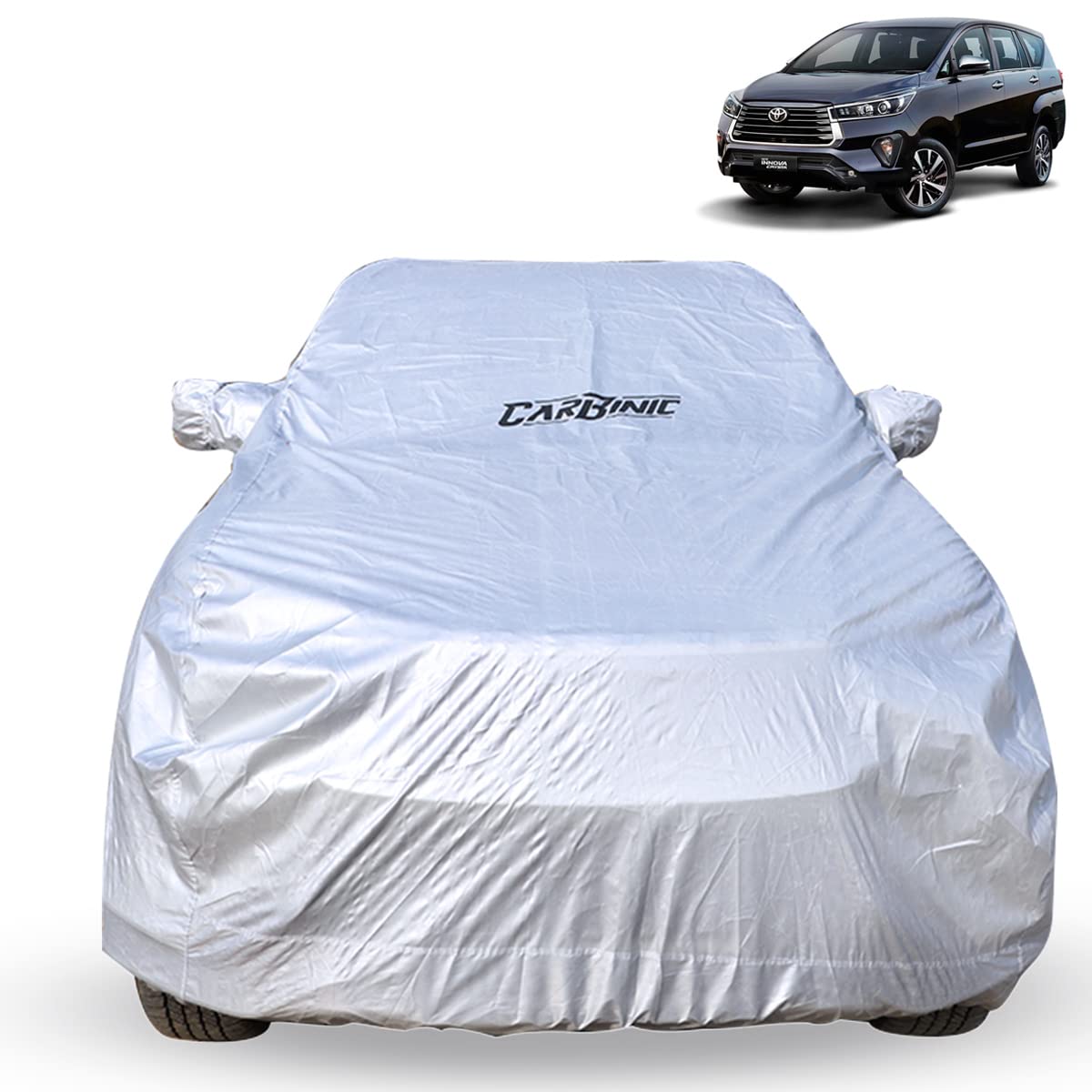 CARBINIC Car Cover for Toyota Innova Crysta 2021 Water Resistant (Tested) & Dustproof Custom Fit UV Heat Resistant Outdoor Protection with Triple Stitched Fully Elastic Surface (Silver)