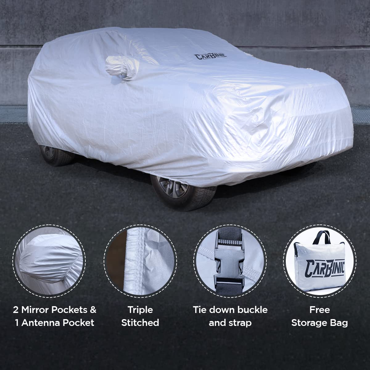 CARBINIC Waterproof Car Body Cover for KIA Carens 2022 | Dustproof, UV Proof Car Cover | Carens Car Accessories | Mirror Pockets & Antenna Triple Stitched | Double Layered Soft Cotton Lining, Silver