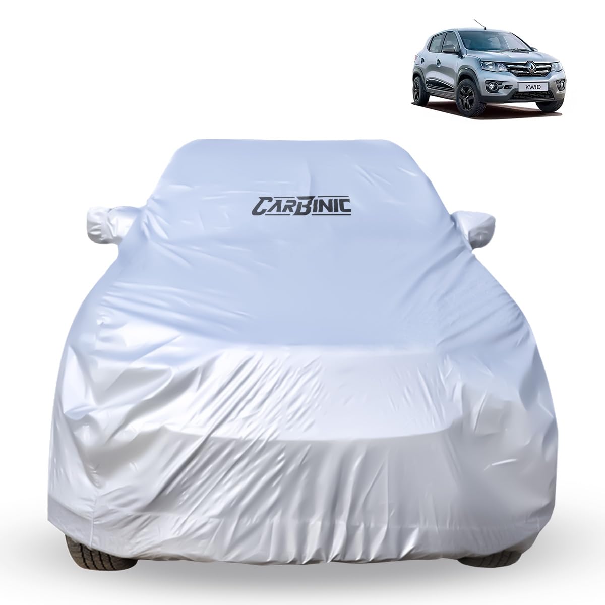 CARBINIC Car Body Cover for Renault Kwid 2019 | Water Resistant, UV Protection Car Cover | Scratchproof Body Shield | Dustproof All-Weather Cover | Mirror Pocket & Antenna | Car Accessories, Silver