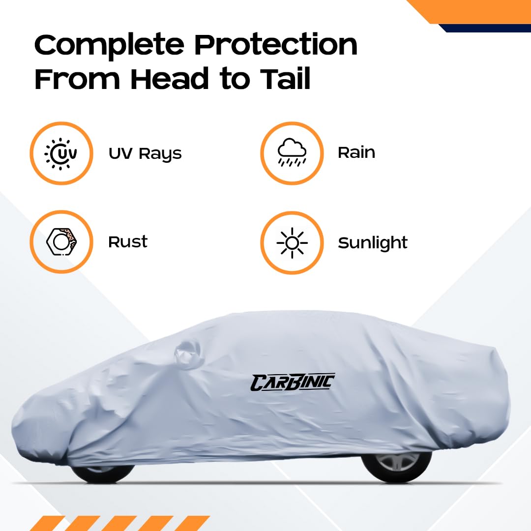 CARBINIC Car Body Cover for KIA Seltos 2019 | Water Resistant, UV Protection Car Cover | Scratchproof Body Shield | Dustproof All-Weather Cover | Mirror Pocket & Antenna | Car Accessories, Silver