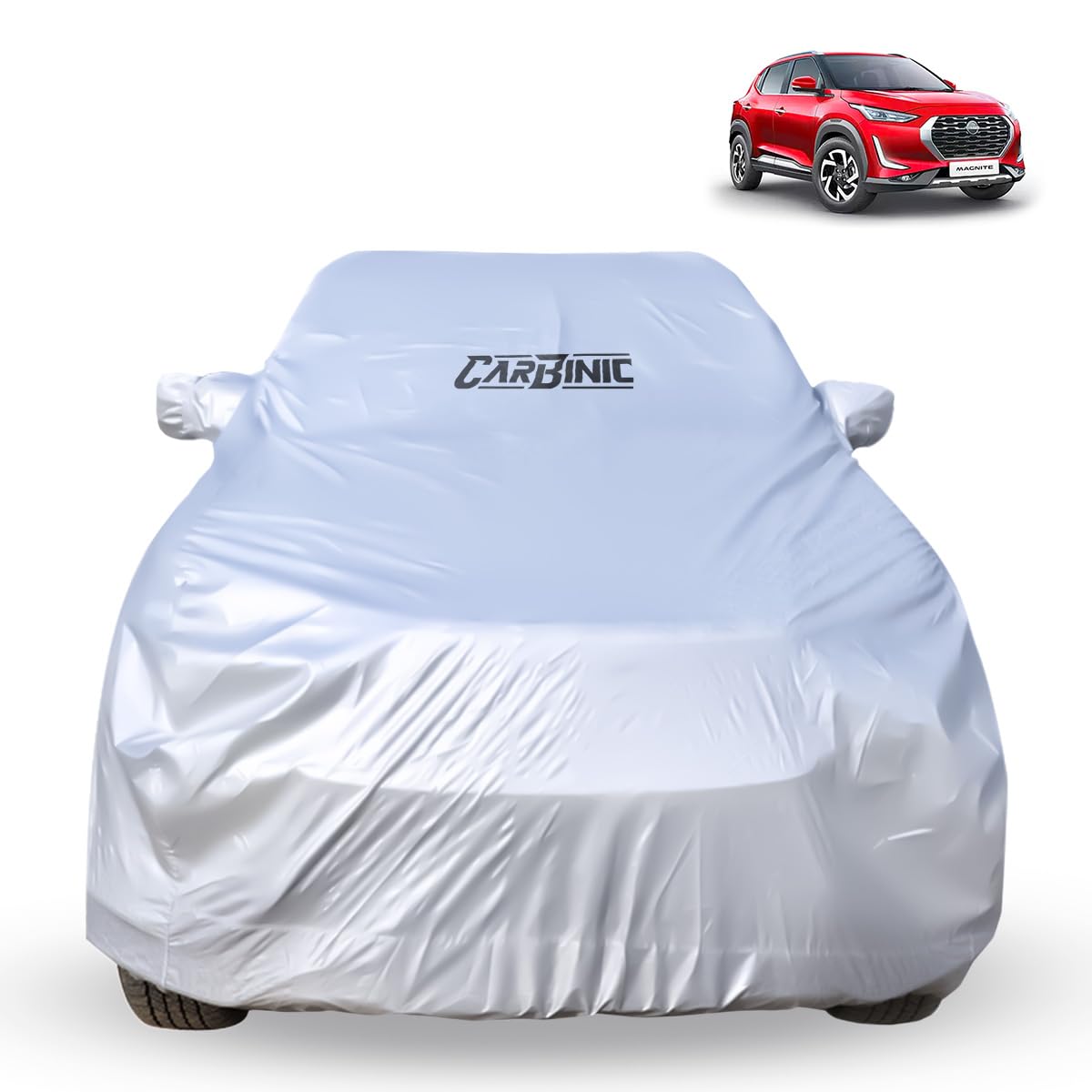 CARBINIC Car Body Cover for Nissan Magnite 2022 | Water Resistant, UV Protection Car Cover | Scratchproof Body Shield | Dustproof All-Weather Cover | Mirror Pocket & Antenna | Car Accessories, Grey