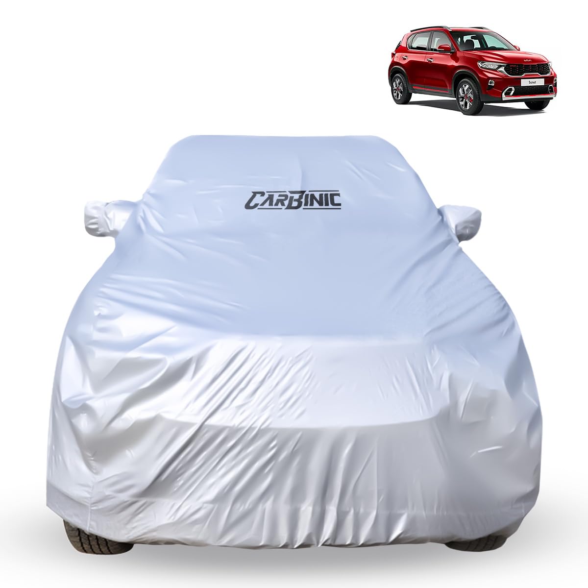 CARBINIC Car Body Cover for KIA Sonet 2020 | Water Resistant, UV Protection Car Cover | Scratchproof Body Shield | Dustproof All-Weather Cover | Mirror Pocket & Antenna | Car Accessories, Silver