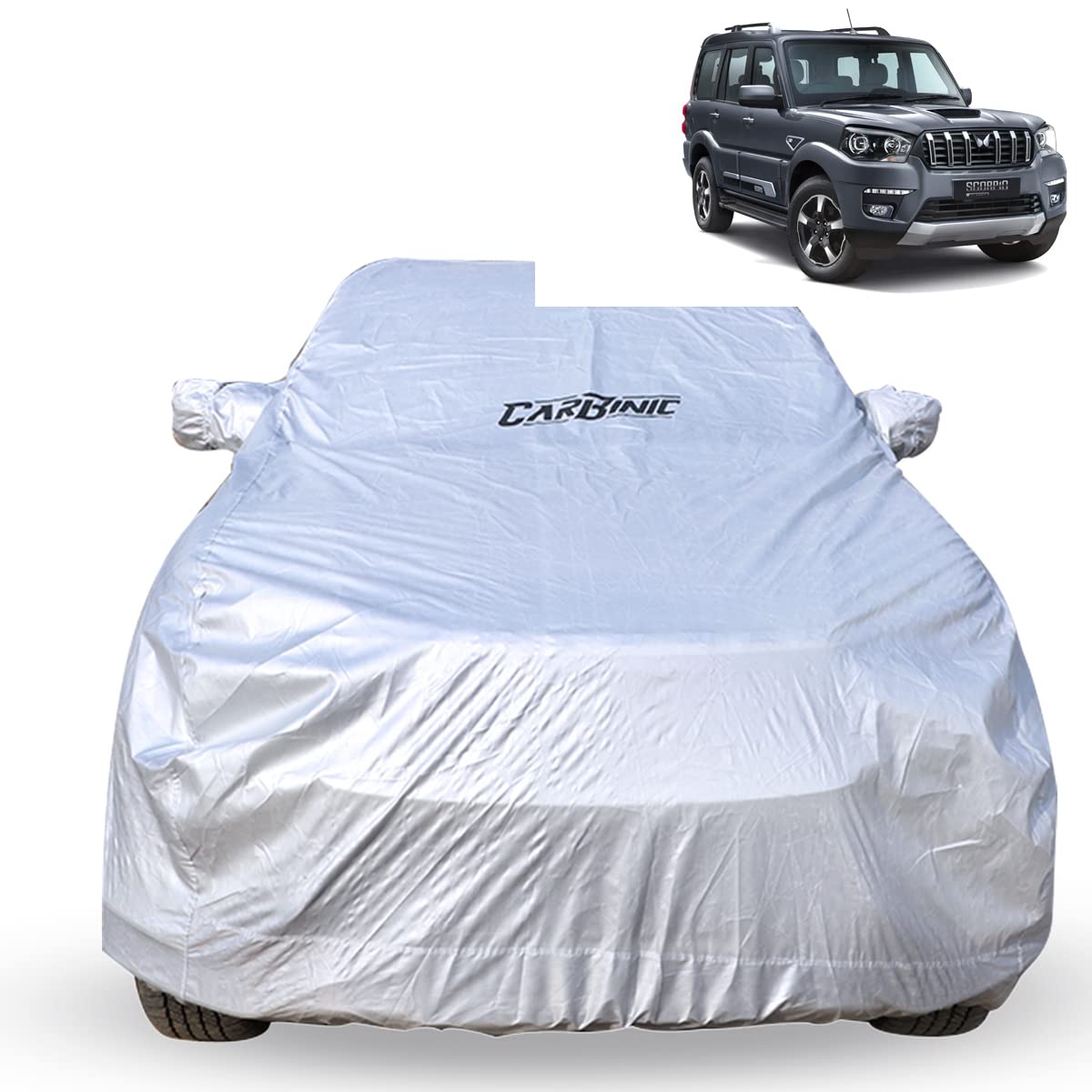 CARBINIC Car Cover for Mahindra Scorpio N 2022 Waterproof (Tested) and Dustproof Custom Fit UV Heat Resistant Outdoor Protection with Triple Stitched Fully Elastic Surface (Silver)