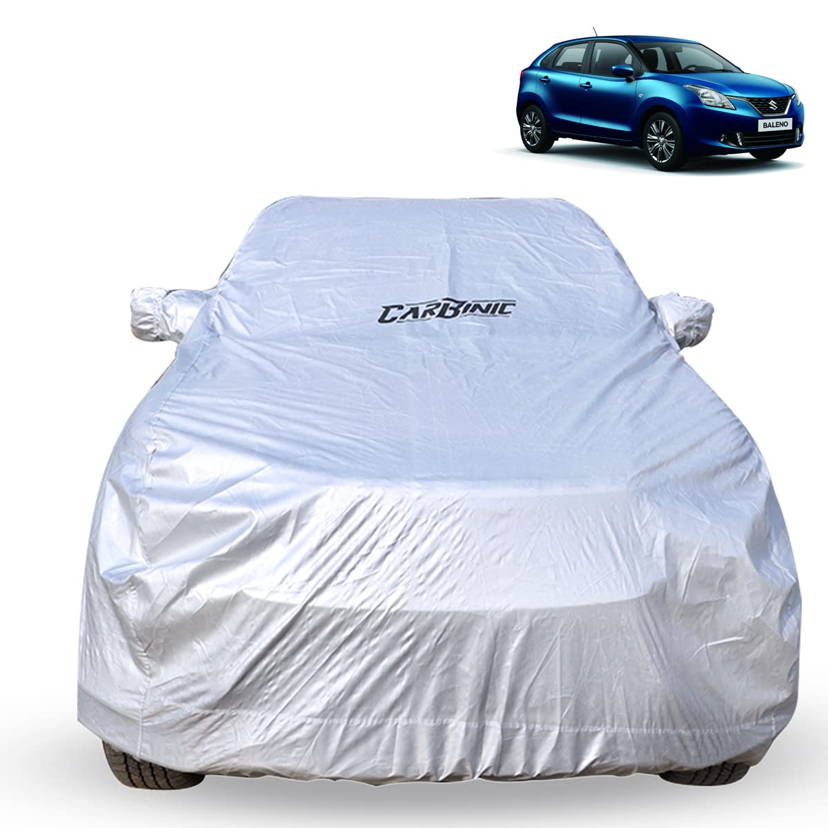 CARBINIC Car Body Cover for Maruti Baleno 2022 | Water Resistant, UV Protection Car Cover | Scratchproof Body Shield | Dustproof All-Weather Cover | Mirror Pocket & Antenna | Car Accessories, Silver