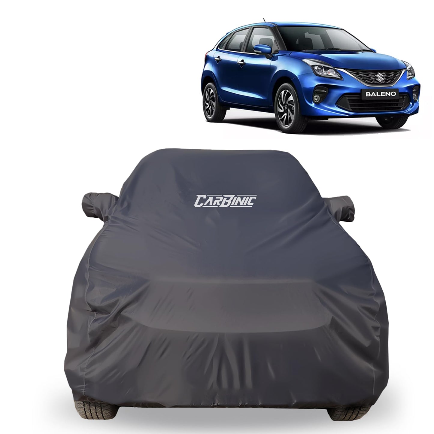 CARBINIC Car Body Cover for Maruti Baleno 2022 | Water Resistant, UV Protection Car Cover | Scratchproof Body Shield | Dustproof All-Weather Cover | Mirror Pocket & Antenna | Car Accessories, Grey