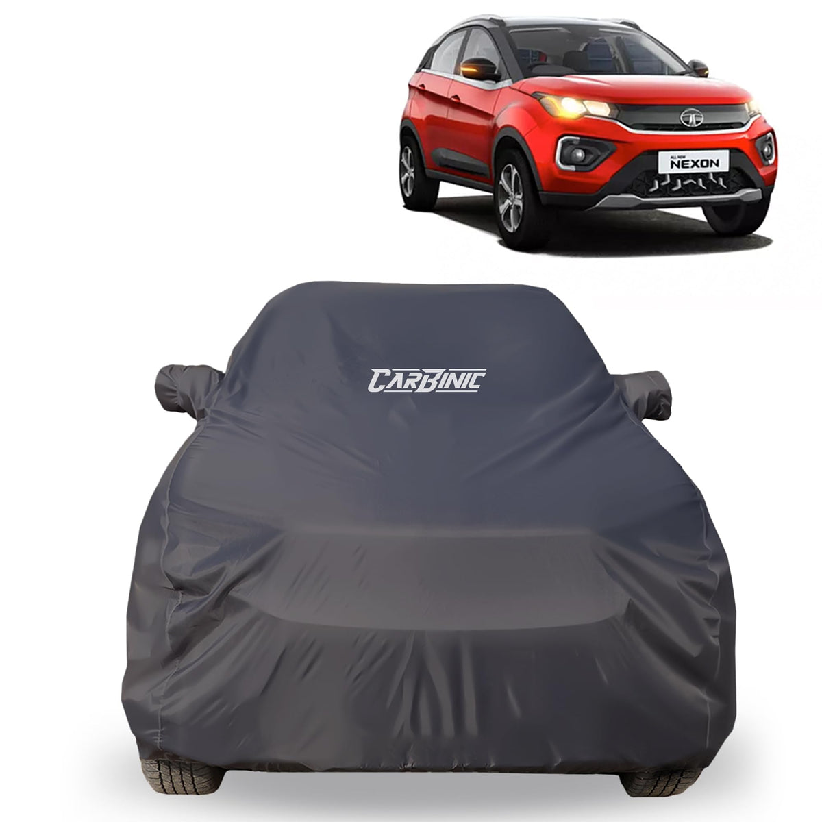 CARBINIC Car Body Cover for Tata Nexon 2020 | Water Resistant, UV Protection Car Cover | Scratchproof Body Shield | All-Weather Cover | Mirror Pocket & Antenna | Car Accessories Dusk Grey
