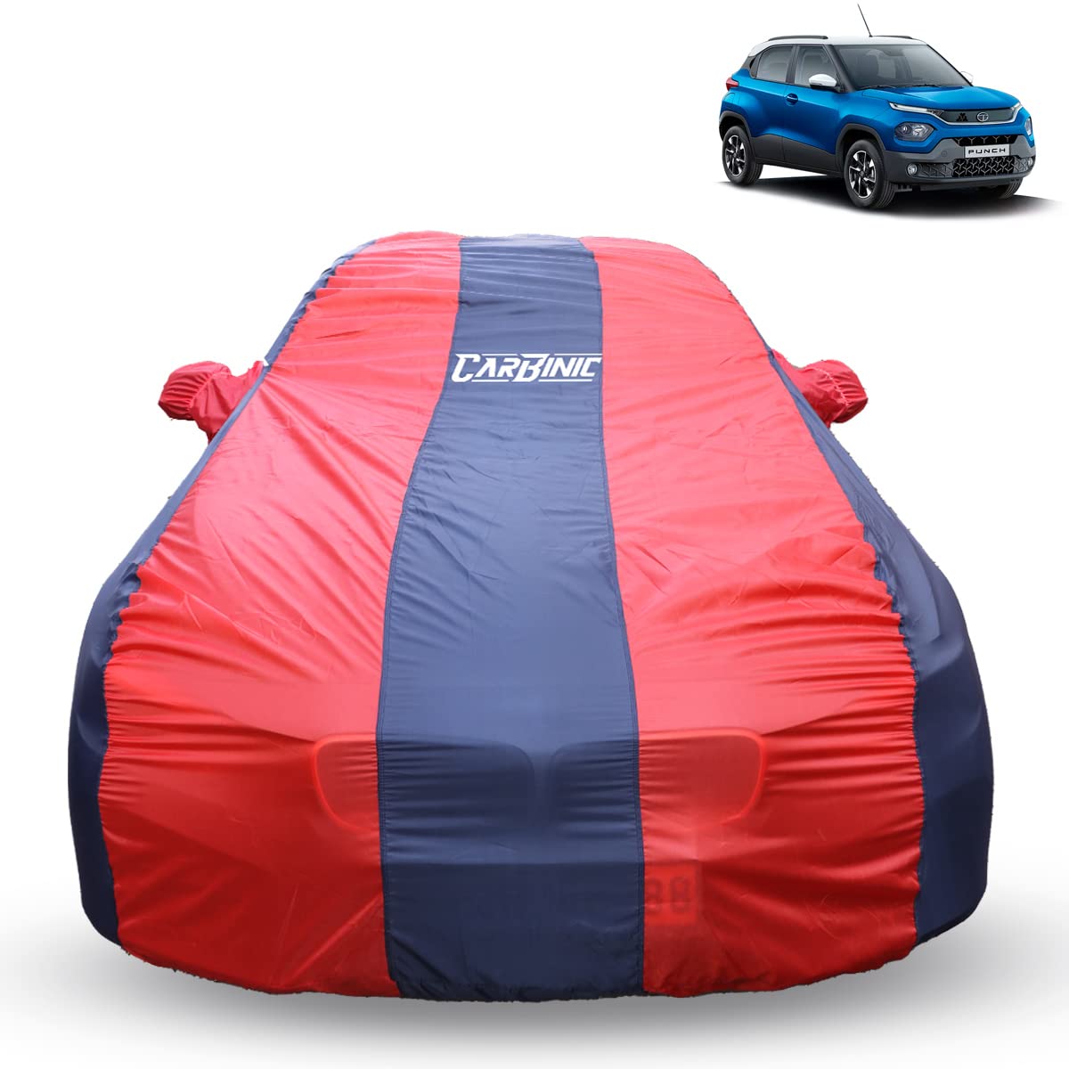 CARBINIC Car Body Cover for Tata Punch 2021 | Water Resistant, UV Protection Car Cover | Scratchproof Body Shield | Dustproof All-Weather Cover | Mirror Pocket & Antenna | Car Accessories, Blue Red