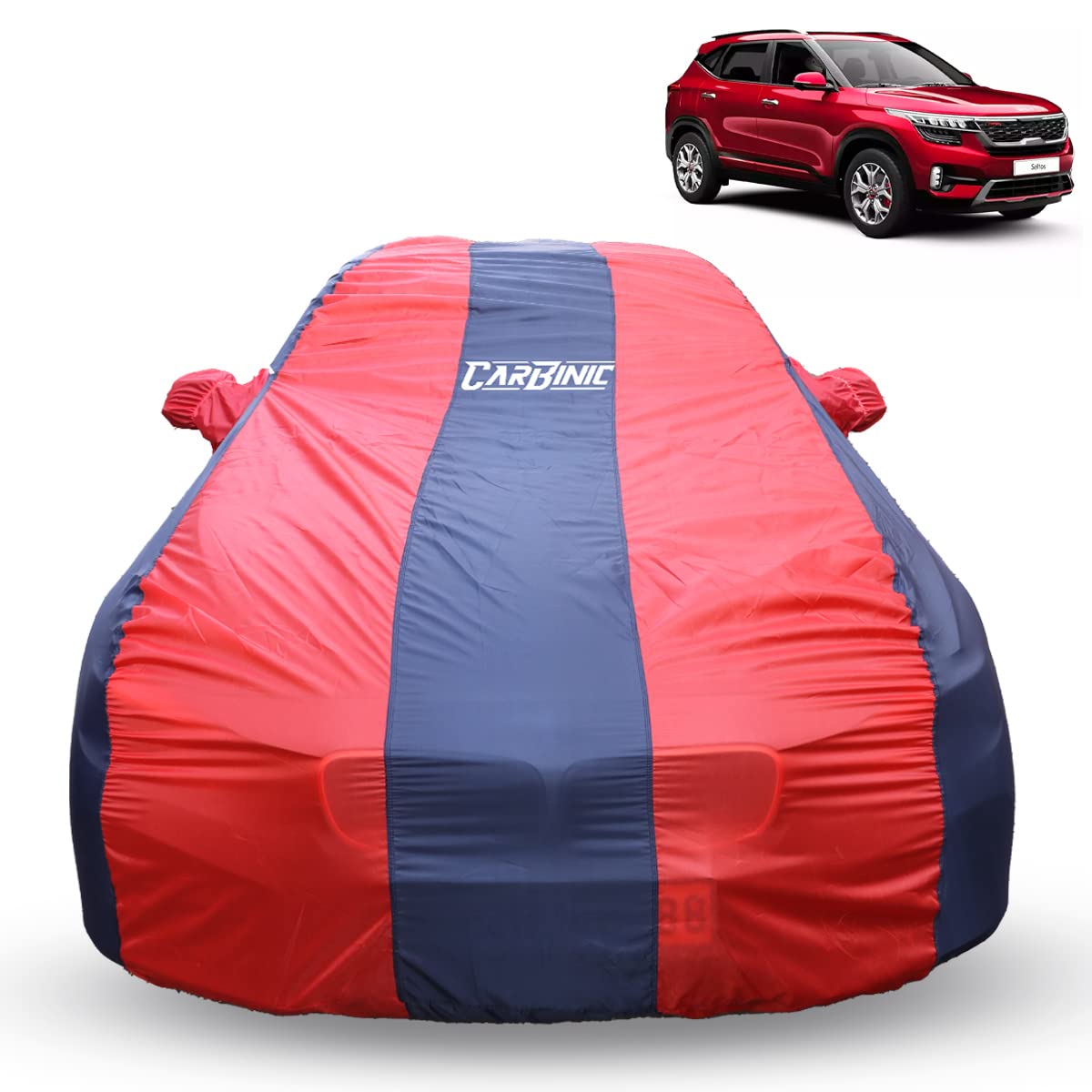 CARBINIC Car Body Cover for KIA Seltos 2019 | Water Resistant, UV Protection Car Cover | Scratchproof Body Shield | Dustproof All-Weather Cover | Mirror Pocket & Antenna | Car Accessories, Blue Red