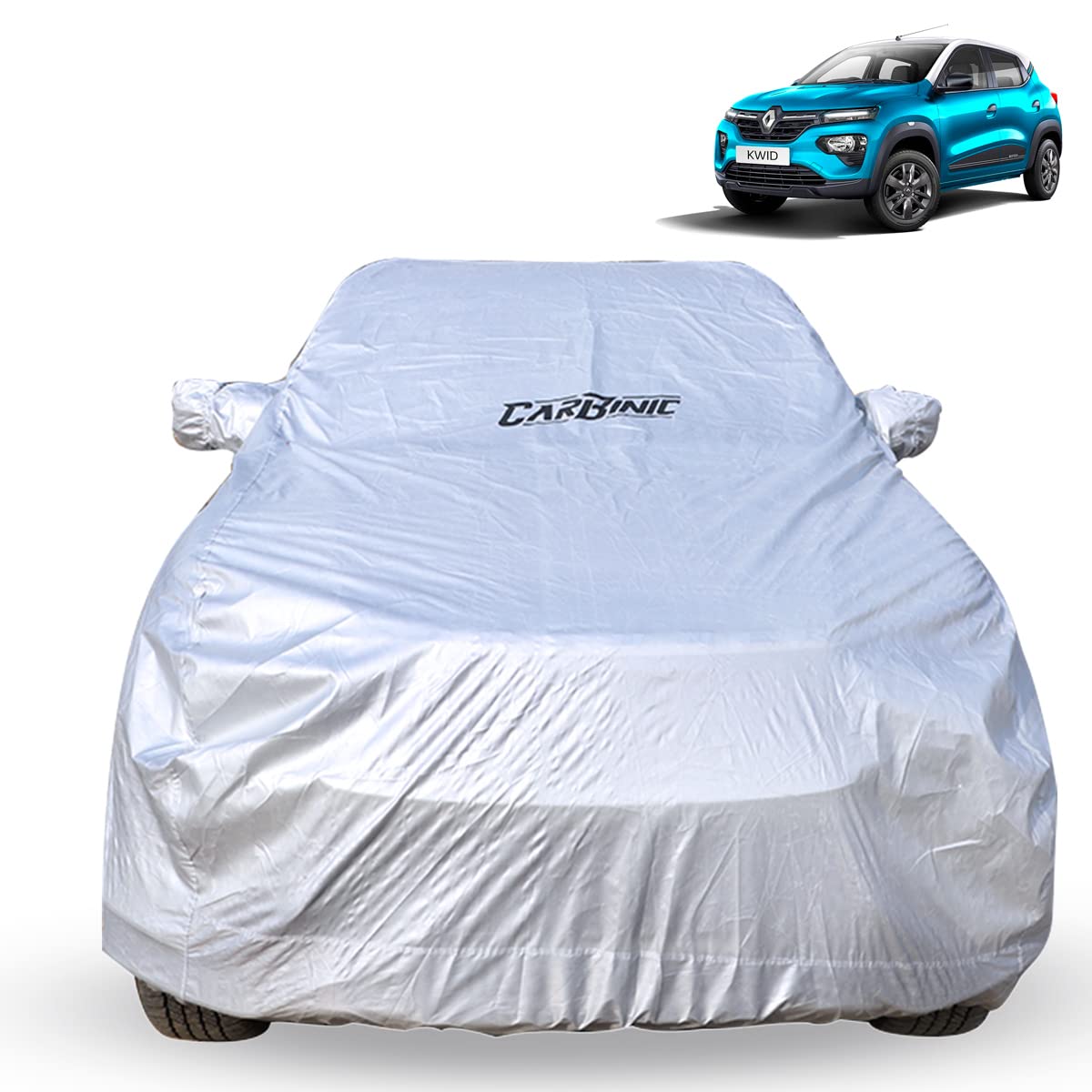 CARBINIC Waterproof Car Body Cover for Renault Kwid 2019 | Dustproof, UV Proof Car Cover | Kwid Car Accessories | Mirror Pockets & Antenna Triple Stitched | Double Layered Soft Cotton Lining, Silver