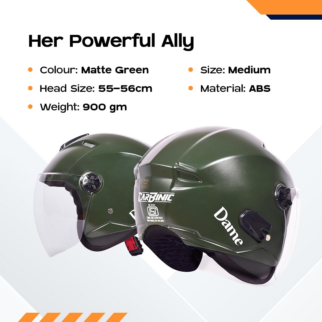 CARBINIC Dame Series Half Face Helmet for Women | ISI Certified | Clear & Scratch Resistant Visor | Lightweight & Stylish | Medium | Matt Green