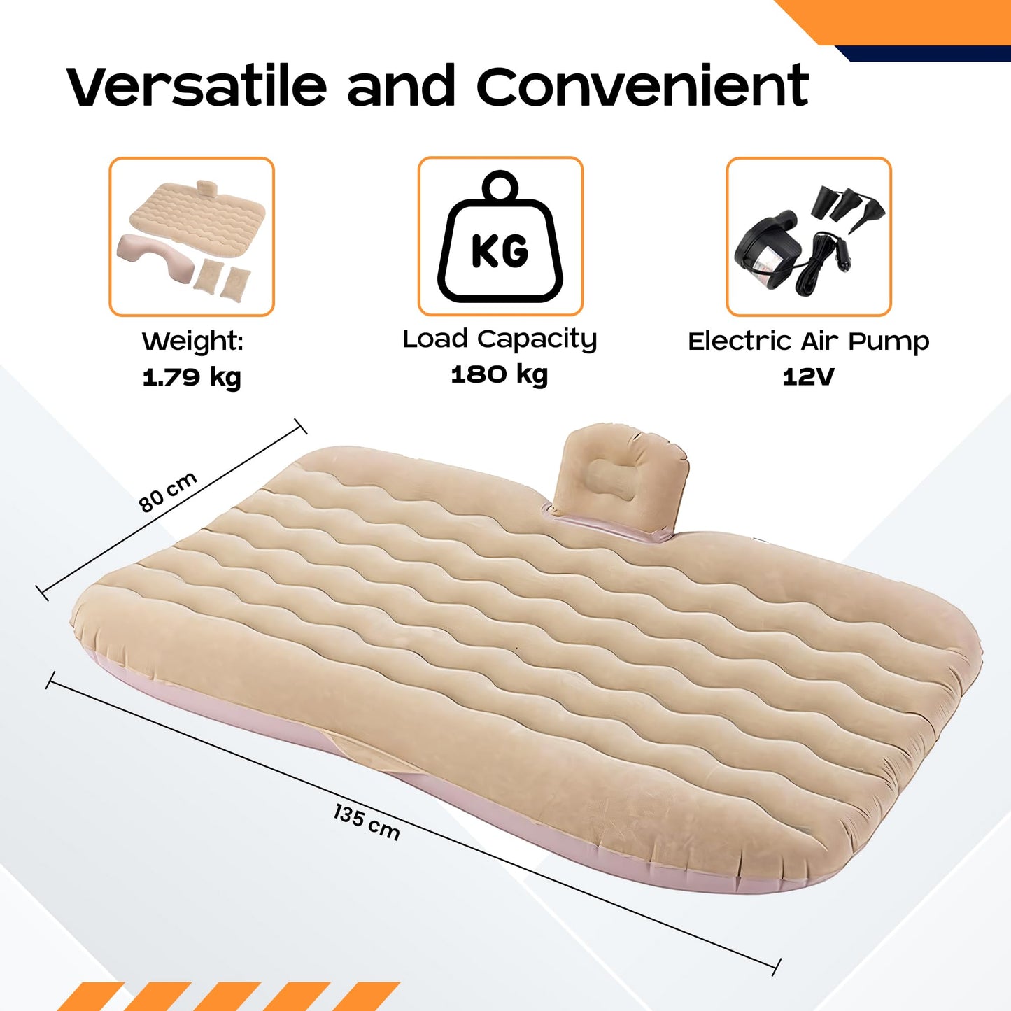 CARBINIC Inflatable Car Bed for Back Seat | PVC Car Bed for Kids, Adults | Multifunctional Car Bed Mattress with Air Pump, 2 Air Pillows & Repair Kit | Universal Fit Car Accessories | Beige (135x80CM)