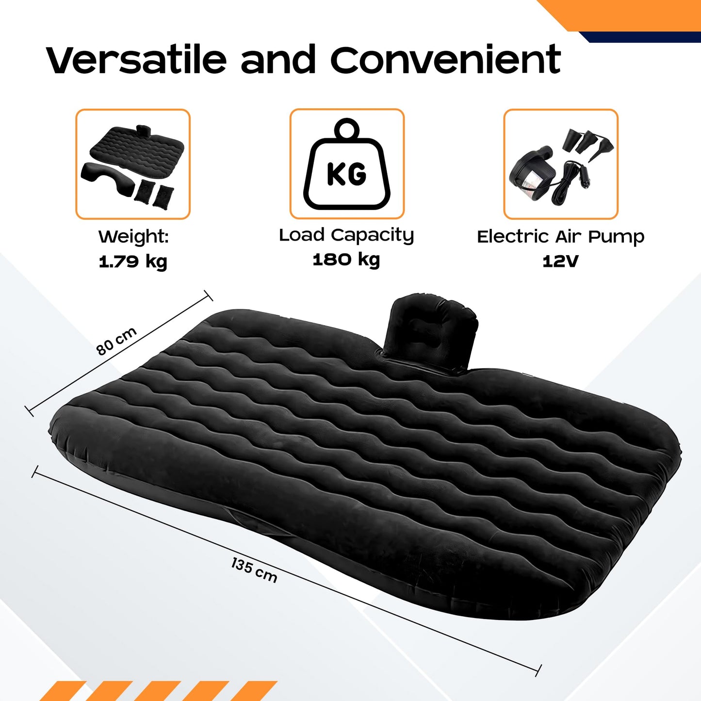 CARBINIC Inflatable Car Bed for Back Seat | PVC Car Bed for Kids, Adults | Multifunctional Car Bed Mattress with Air Pump, 2 Air Pillows & Repair Kit | Universal Fit Car Accessories | Black (135x80CM)