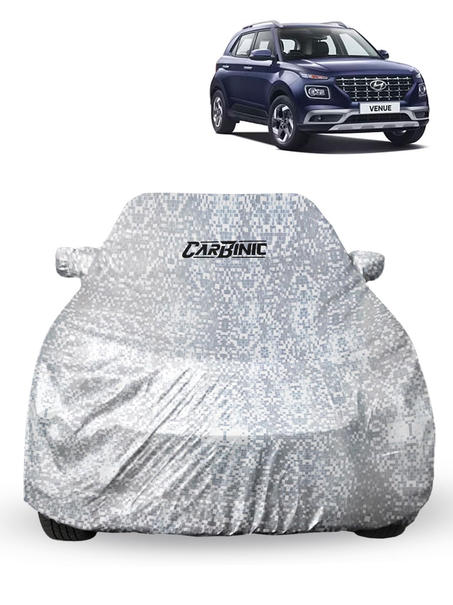 CARBINIC Waterproof Car Body Cover for Mahindra XUV400 2023 | Dustproof, UV Proof Car Cover | XUV400 Car Accessories | Mirror Pockets & Antenna Triple Stitched | Double Layered Cotton Lining, Silver