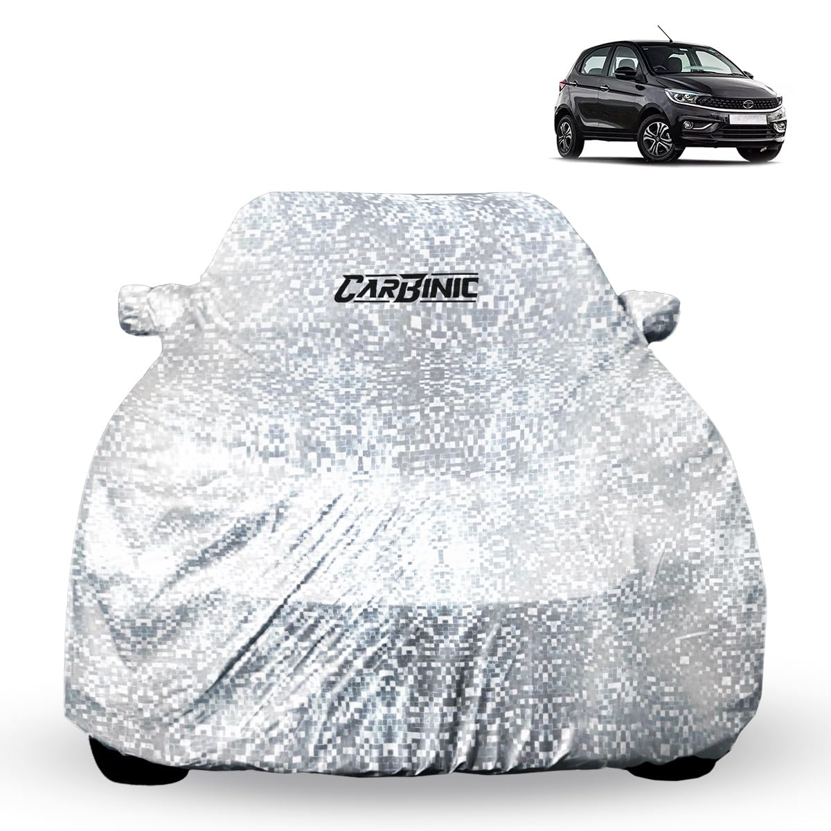 CARBINIC Waterproof Car Body Cover for Tata Tiago 2021 | Dustproof, UV Proof Car Cover | Tiago Car Accessories | Mirror Pockets & Antenna Triple Stitched | Double Layered Soft Cotton Lining, Jungle