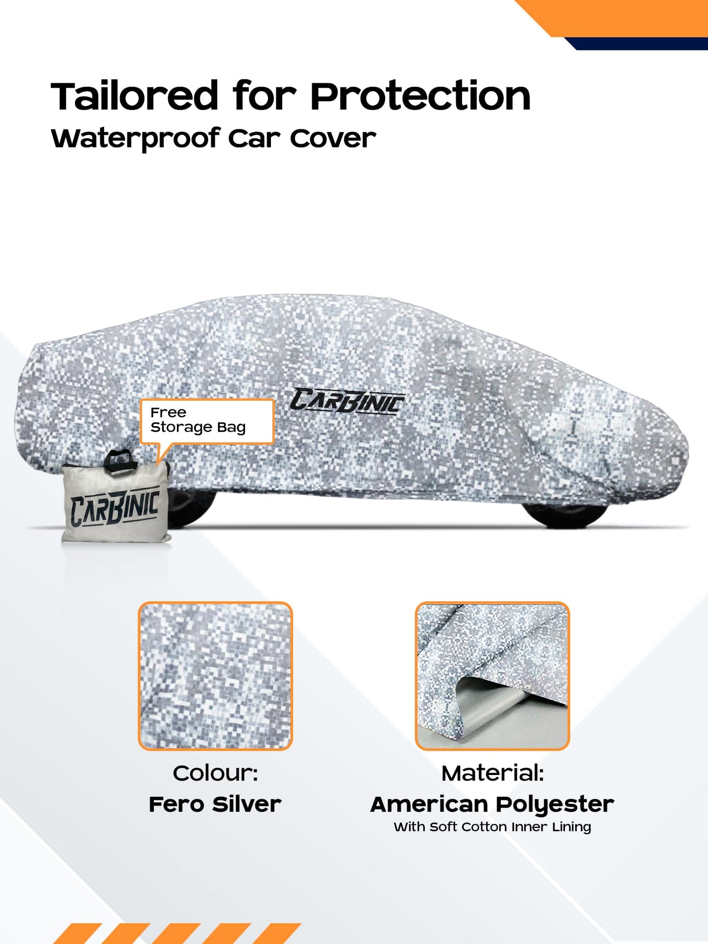 CARBINIC Waterproof Car Body Cover for Toyota Innova Crysta 2021 | Dustproof UV Proof | Innova Crysta Car Accessories | Mirror Pockets & Antenna Triple Stitch | Double Layer Soft Cotton Lining Silver