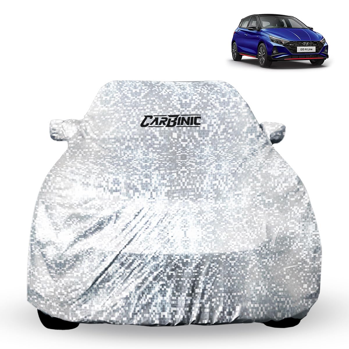 CARBINIC Waterproof Car Body Cover for Hyundai i20 2020 | Dustproof, UV Proof Car Cover | i20 Car Accessories | Mirror Pockets & Antenna Triple Stitched | Double Layered Soft Cotton Lining, Silver