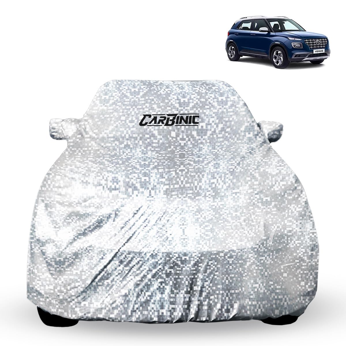 CARBINIC Waterproof Car Body Cover for Hyundai Venue 2019 | Dustproof, UV Proof Car Cover | Venue Car Accessories | Mirror Pockets & Antenna Triple Stitched | Double Layered Soft Cotton Lining, Silver