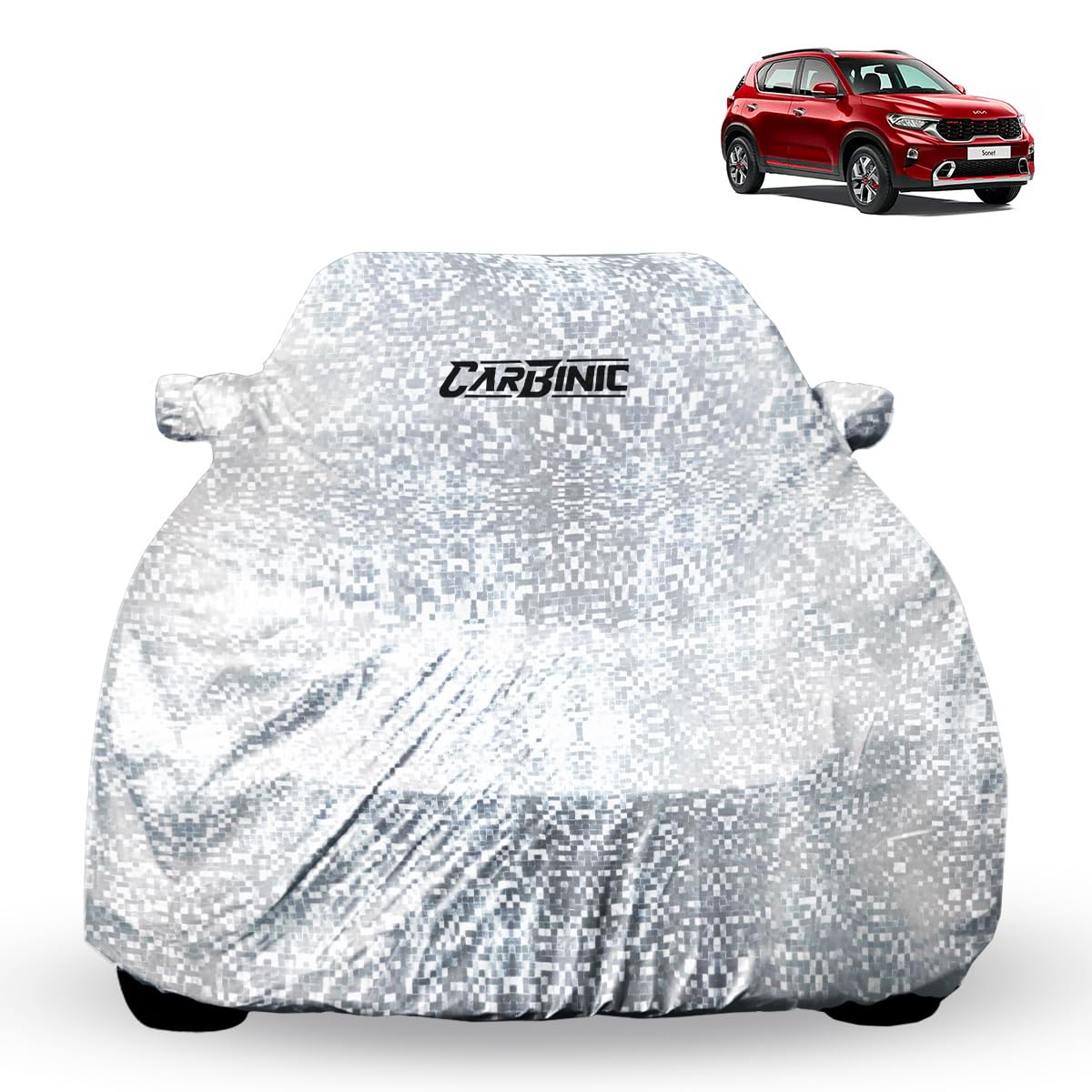 CARBINIC Waterproof Car Body Cover for KIA Seltos 2019 | Dustproof, UV Proof Car Cover | Seltos Car Accessories | Mirror Pockets & Antenna Triple Stitched | Double Layered Soft Cotton Lining, Silver