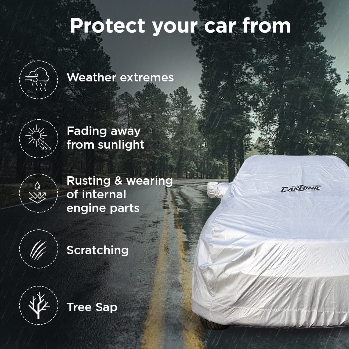 CARBINIC Waterproof Car Body Cover for KIA Carens 2022 | Dustproof, UV Proof Car Cover | Carens Car Accessories | Mirror Pockets & Antenna Triple Stitched | Double Layered Soft Cotton Lining, Silver