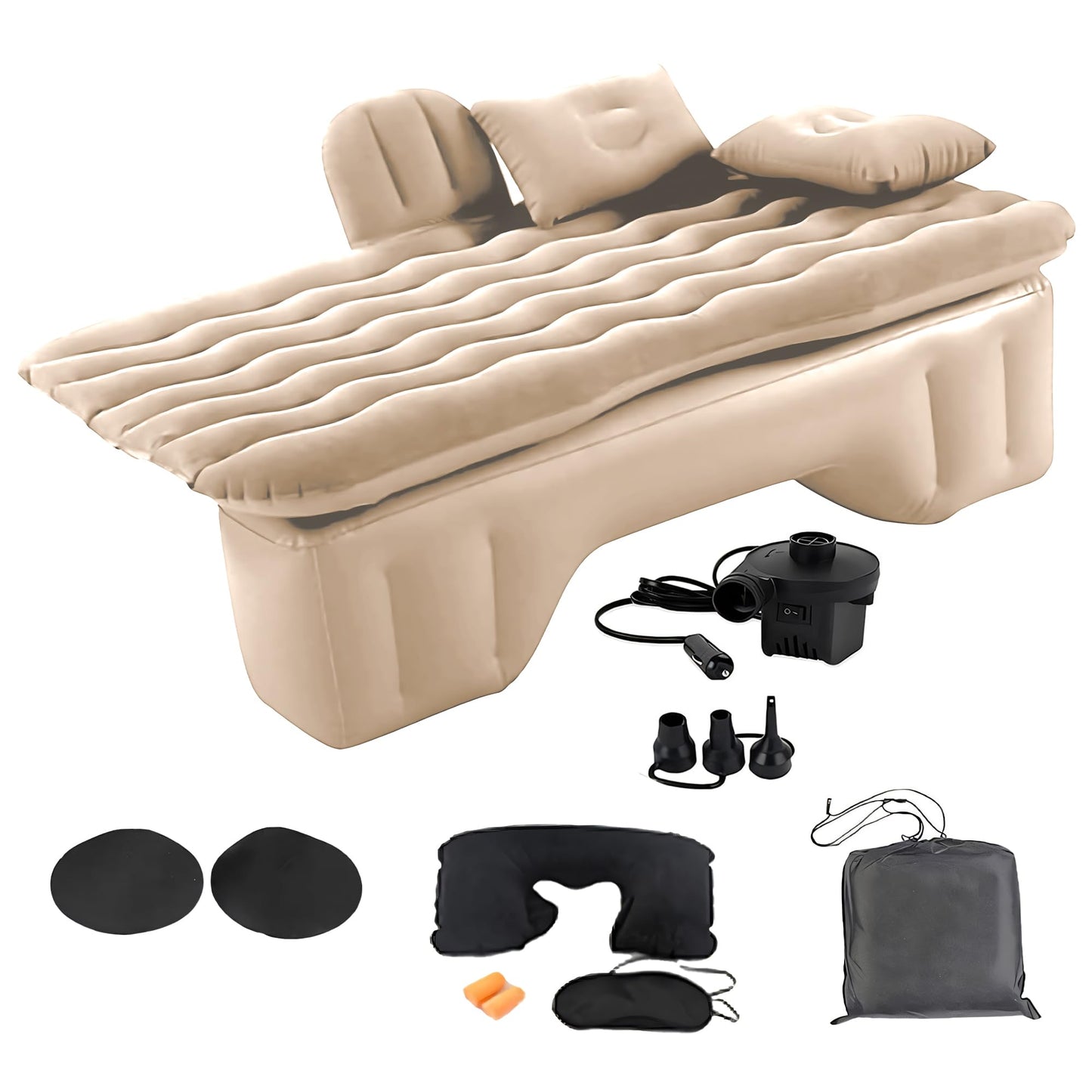 CARBINIC Inflatable Car Bed for Back Seat | PVC Car Bed for Kids, Adults | Multifunctional Car Bed Mattress with Air Pump, 2 Air Pillows & Repair Kit | Universal Fit Car Accessories | Beige (135x80CM)