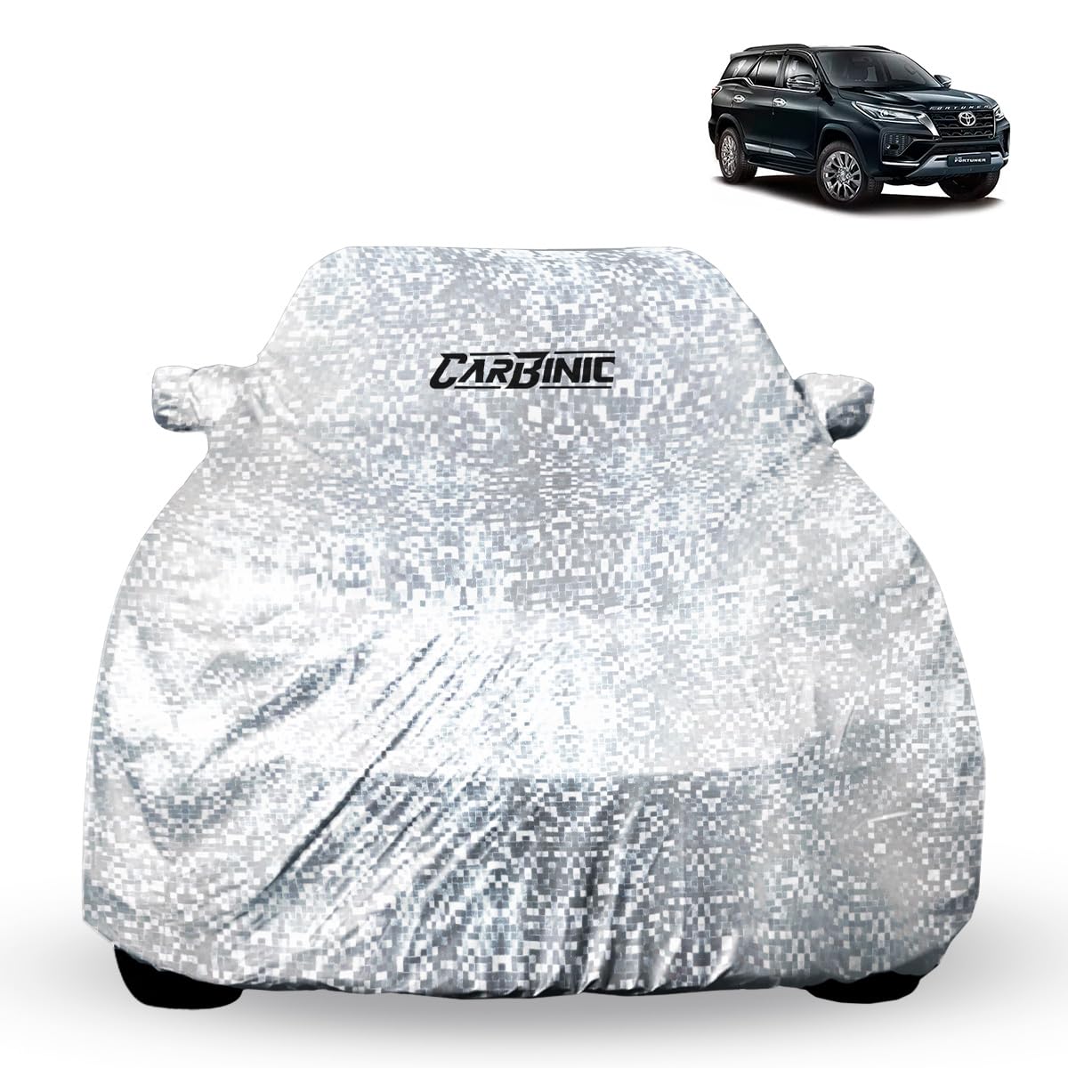 CARBINIC Car Cover for Toyota Fortuner 2022 Waterproof (Tested) and Dustproof Custom Fit UV Heat Resistant Outdoor Protection with Triple Stitched Fully Elastic Surface | Jungle with Pockets (Silver)