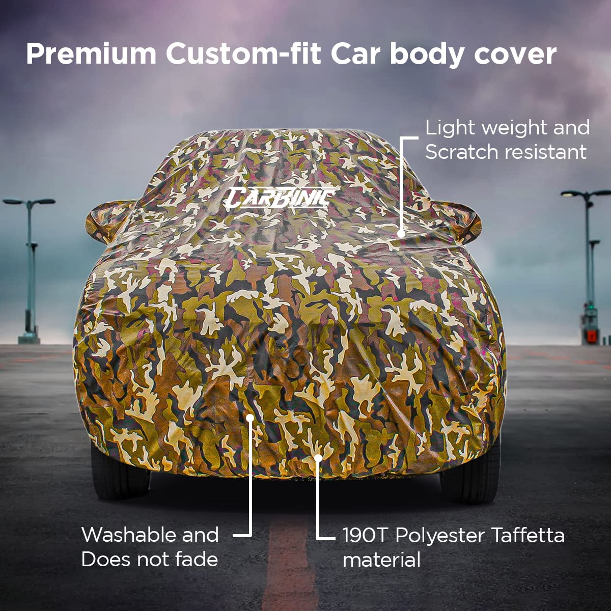 CARBINIC Car Cover for Maruti Baleno 2022 Waterproof (Tested) and Dustproof Custom Fit UV Heat Resistant Outdoor Protection with Triple Stitched Fully Elastic Surface (Jungle)