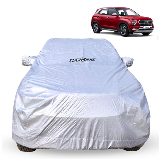 CARBINIC Car Body Cover for Hyundai Creta 2022 | Water Resistant, UV Protection Car Cover | Scratchproof Body Shield | Dustproof All-Weather Cover | Mirror Pocket & Antenna | Car Accessories, Silver