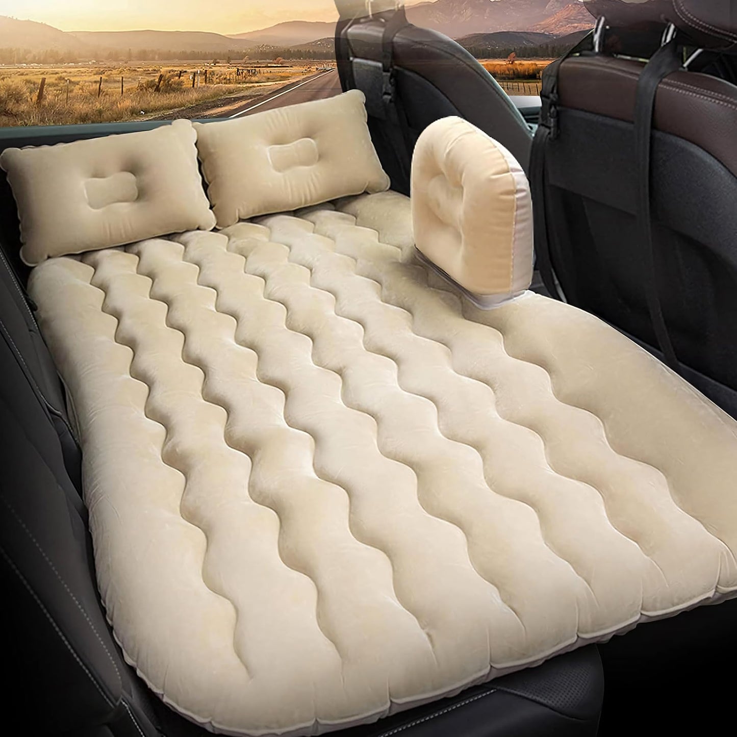 CARBINIC Inflatable Car Bed for Back Seat | PVC Car Bed for Kids, Adults | Multifunctional Car Bed Mattress with Air Pump, 2 Air Pillows & Repair Kit | Universal Fit Car Accessories | Beige (135x80CM)